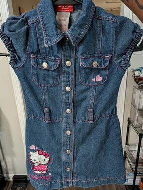Hello Kitty Denim Button-Front Dress with Pink Embroidery